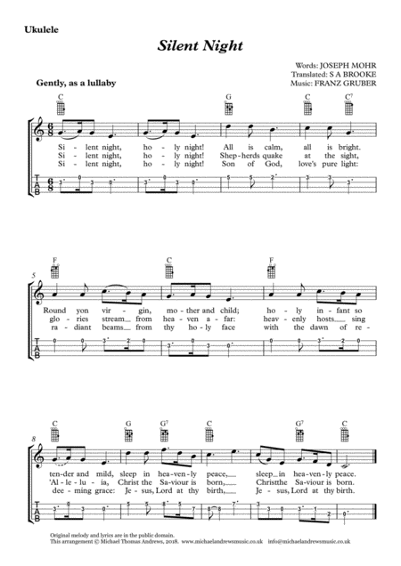 Silent Night For Ukulele With Tab Sheet Music