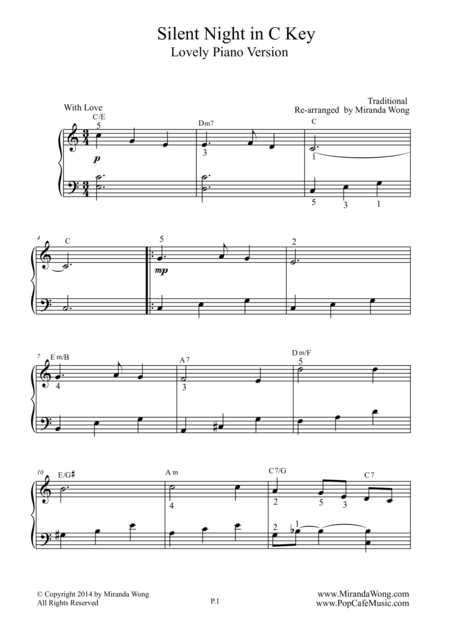 Free Sheet Music Silent Night In C Key Children Piano Music