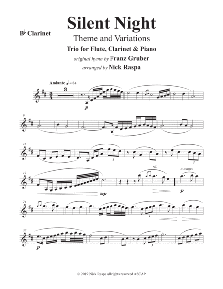 Free Sheet Music Silent Night Variations Trio For Flute Clarinet Piano B Flat Clarinet Part