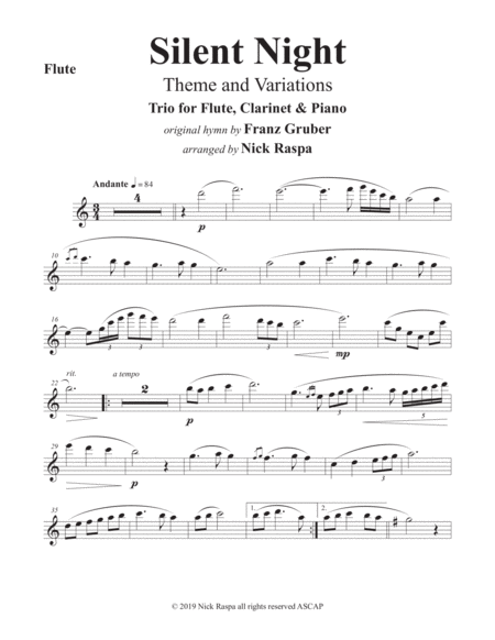Free Sheet Music Silent Night Variations Trio For Flute Clarinet Piano Flute Part