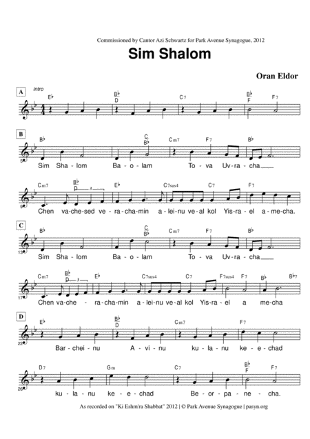 Free Sheet Music Sim Shalom Eldor