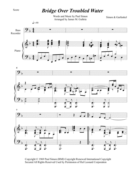 Free Sheet Music Simon Garfunkel Bridge Over Troubled Water For Bass Recorder Piano