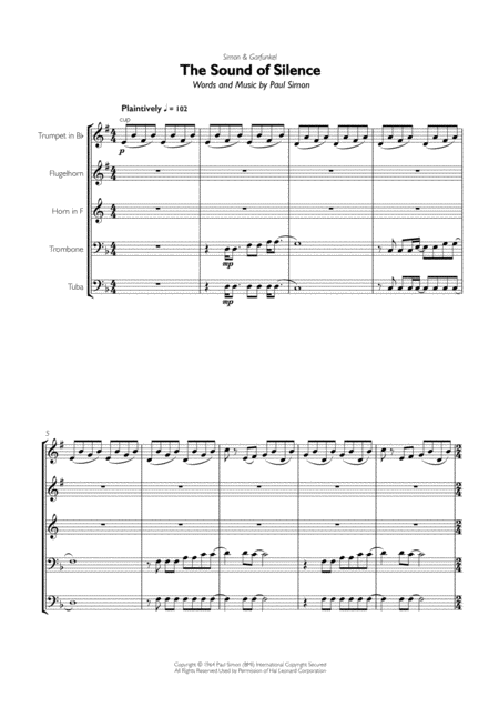 Simon Garfunkel The Sound Of Silence For Brass Quintet Sheet Music