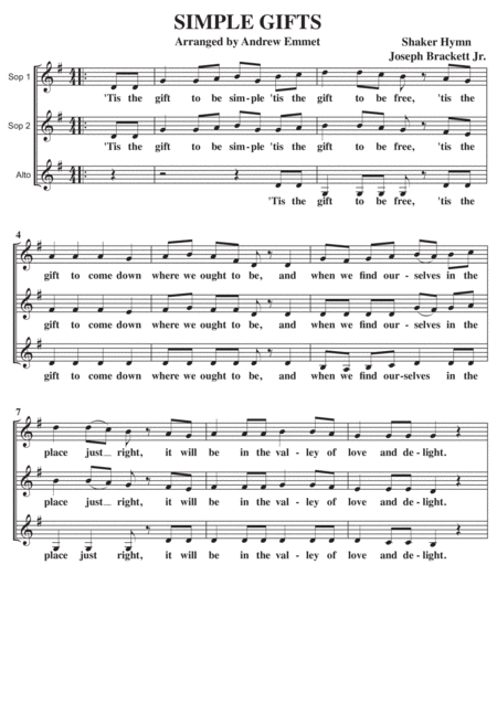 Simple Gifts A Cappella Ssa Sheet Music