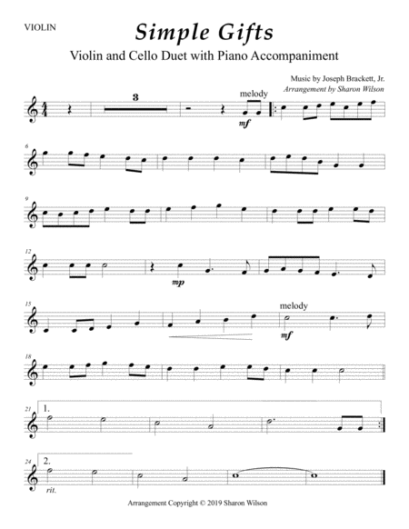 Simple Gifts Easy Violin And Cello Duet With Piano Accompaniment Sheet Music