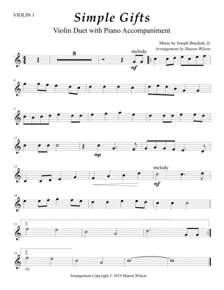 Simple Gifts Easy Violin Duet With Piano Accompaniment Sheet Music