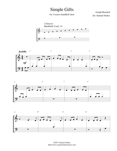 Free Sheet Music Simple Gifts For 2 Octave Handbell Choir