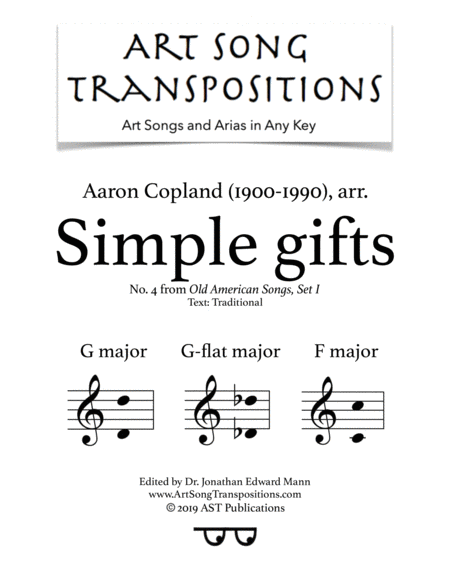 Free Sheet Music Simple Gifts In 3 Low Keys G G Flat F Major