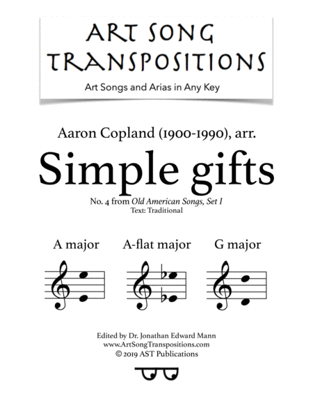 Simple Gifts In 3 Medium Keys A A Flat G Major Sheet Music