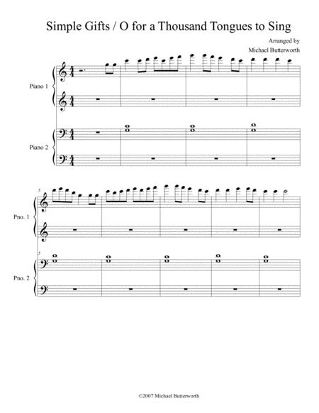 Free Sheet Music Simple Gifts O For A Thousand Tongues To Sing Piano Duet