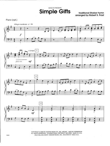 Simple Gifts Piano Accompaniment Sheet Music