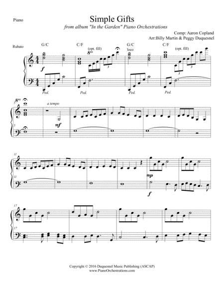 Simple Gifts Solo Piano Key Of C Sheet Music