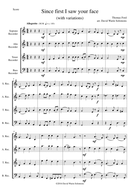 Since First I Saw Your Face With Variations For Recorder Quartet Sheet Music