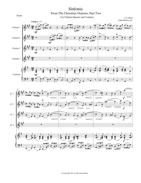 Sinfonia From Bachs Christmas Oratorio For Clarinet Quartet Sheet Music