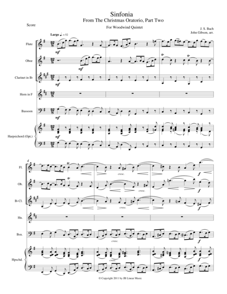 Sinfonia From Bachs Christmas Oratorio For Woodwind Quintet Sheet Music