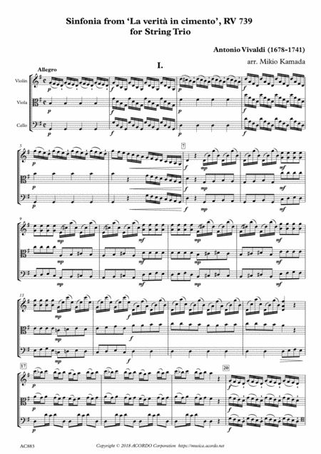 Sinfonia From La Verit In Cimento Rv 739 For String Trio Sheet Music