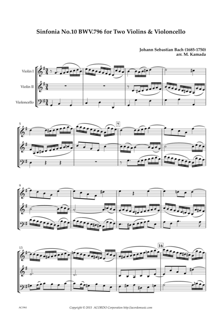 Sinfonia No 10 Bwv 796 For Two Violins Violoncello Sheet Music