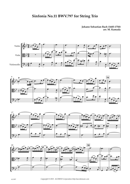 Sinfonia No 11 Bwv 797 For String Trio Sheet Music