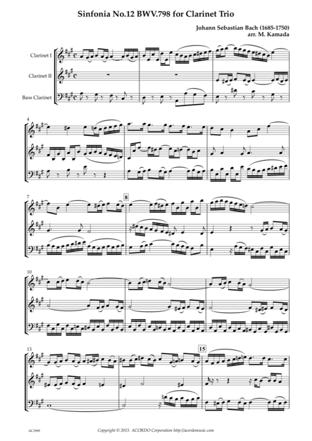 Free Sheet Music Sinfonia No 12 Bwv 798 For Clarinet Trio