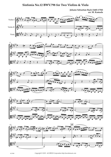 Free Sheet Music Sinfonia No 12 Bwv 798 For Two Violins Viola