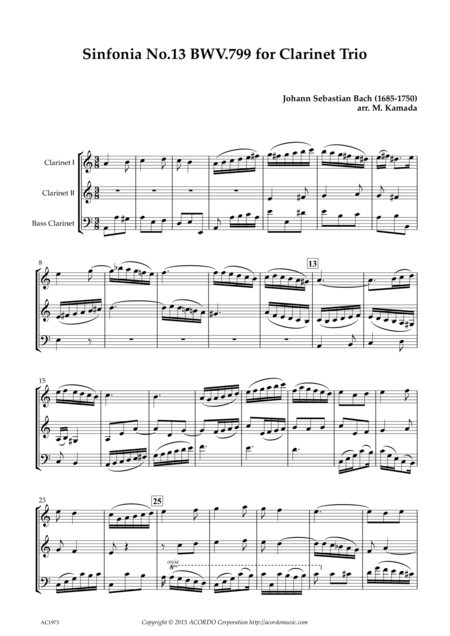 Free Sheet Music Sinfonia No 13 Bwv 799 For Clarinet Trio