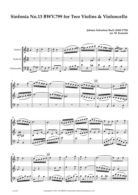 Sinfonia No 13 Bwv 799 For Two Violins Violoncello Sheet Music