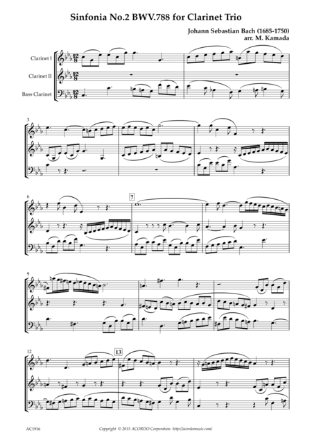 Sinfonia No 2 Bwv 788 For Clarinet Trio Sheet Music