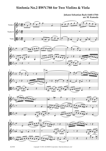 Sinfonia No 2 Bwv 788 For Two Violins Viola Sheet Music