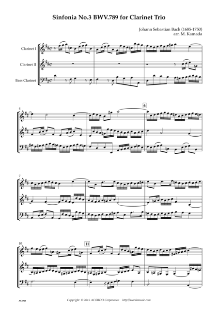 Free Sheet Music Sinfonia No 3 Bwv 789 For Clarinet Trio