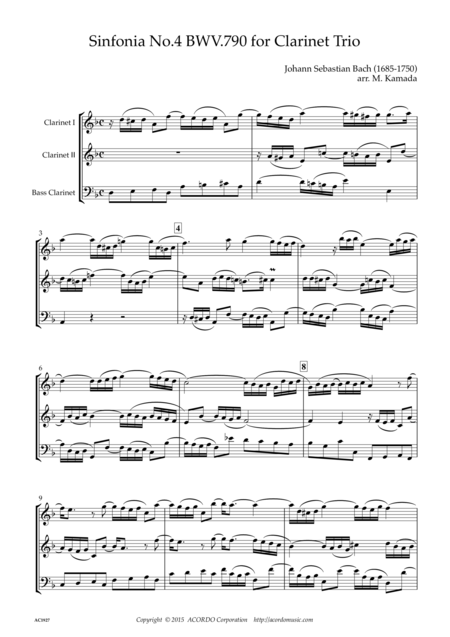 Sinfonia No 4 Bwv 790 For Clarinet Trio Sheet Music