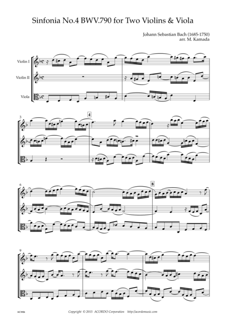 Free Sheet Music Sinfonia No 4 Bwv 790 For Two Violins Viola