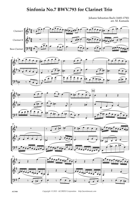 Free Sheet Music Sinfonia No 7 Bwv 793 For Clarinet Trio