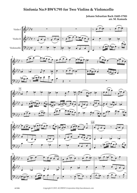 Sinfonia No 9 Bwv 795 For Two Violins Violoncello Sheet Music