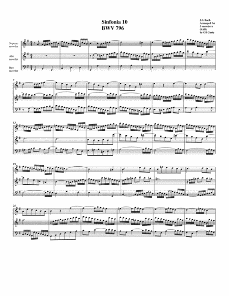 Sinfonia Three Part Invention No 10 Bwv 796 Arrangement For 3 Recorders Sheet Music