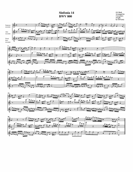 Free Sheet Music Sinfonia Three Part Invention No 14 Bwv 800 Arrangement For 3 Recorders