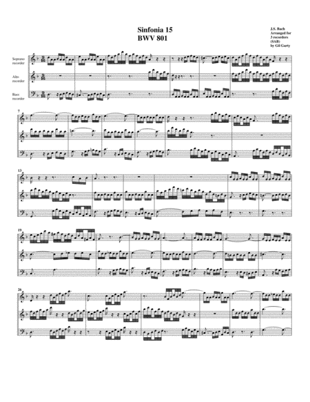 Sinfonia Three Part Invention No 15 Bwv 801 Arrangement For 3 Recorders Sheet Music