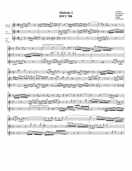 Sinfonia Three Part Invention No 2 Bwv 788 Arrangement For 3 Recorders Sheet Music