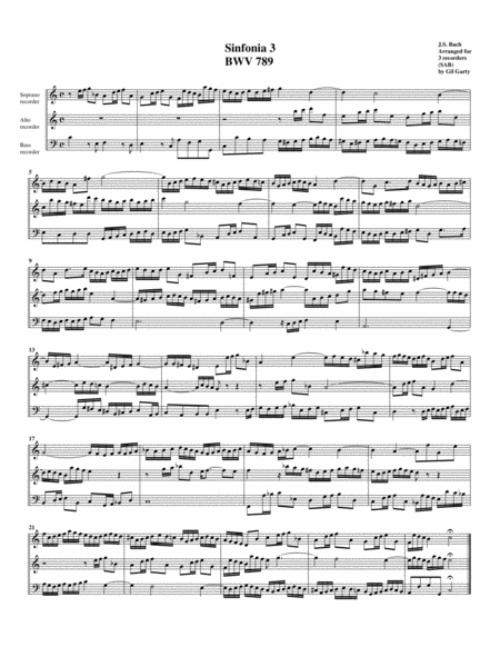 Free Sheet Music Sinfonia Three Part Invention No 3 Bwv 789 Arrangement For 3 Recorders