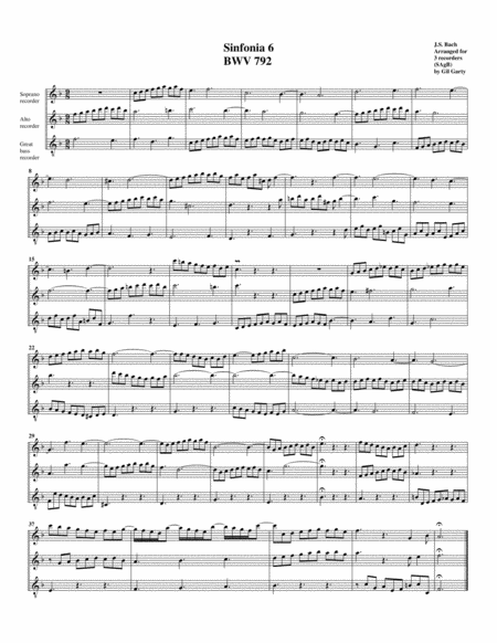 Sinfonia Three Part Invention No 6 Bwv 792 Arrangement For 3 Recorders Sheet Music