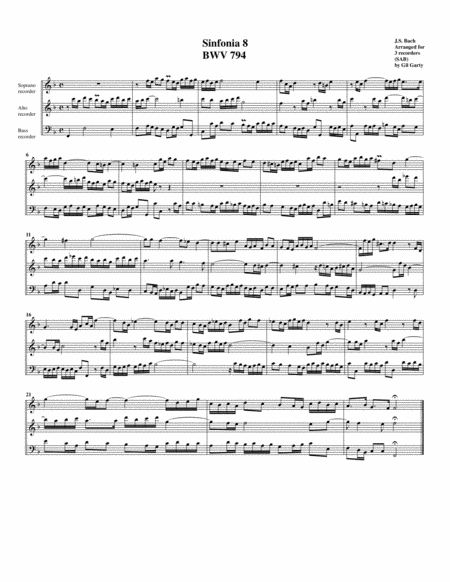 Free Sheet Music Sinfonia Three Part Invention No 8 Bwv 794 Arrangement For 3 Recorders