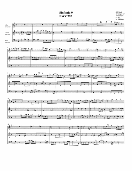 Free Sheet Music Sinfonia Three Part Invention No 9 Bwv 795 Arrangement For 3 Recorders