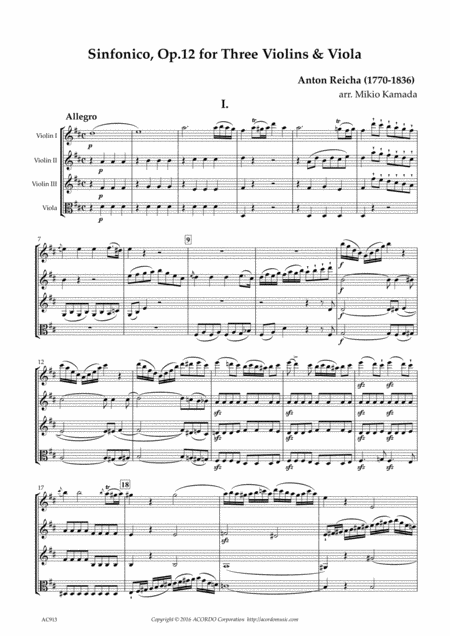 Sinfonico Op 12 For Three Violins Viola Sheet Music