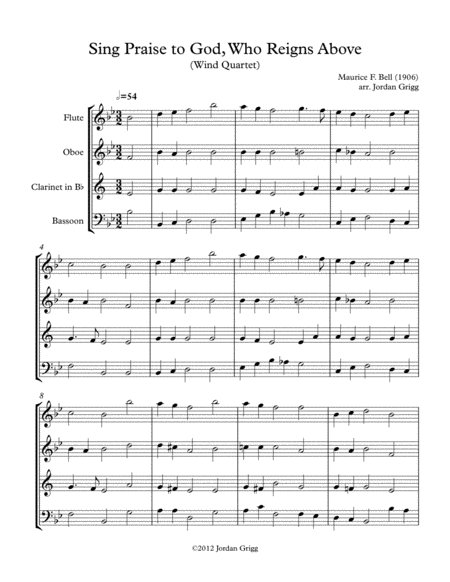 Sing Praise To God Who Reigns Above Wind Quartet Sheet Music