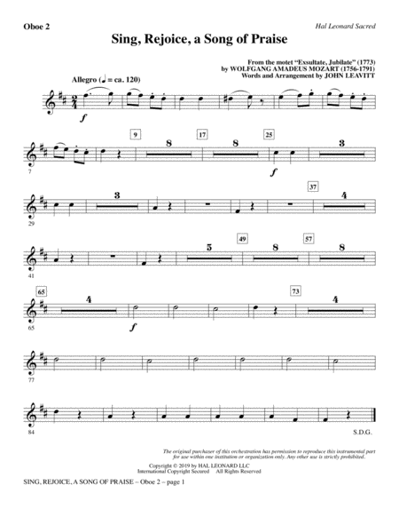 Free Sheet Music Sing Rejoice A Song Of Praise Arr John Leavitt Oboe 2