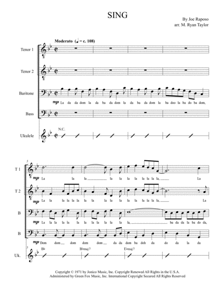 Sing Sing A Song Carpenters Sesame Street For Ttbb Choir And Opt Ukulele Chords Sheet Music