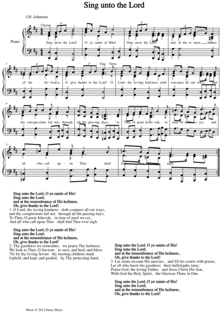 Sing Unto The Lord A New Tune To Wonderful Old Hymn Sheet Music