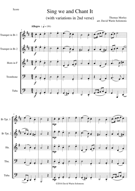 Sing We And Chant It With Variations For Brass Quintet Sheet Music