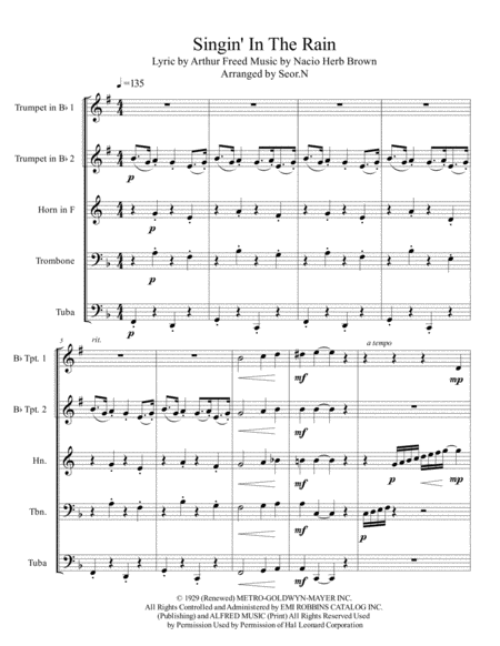 Singin In The Rain For Brass Quintet Sheet Music