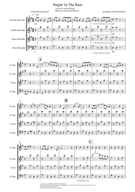 Singin In The Rain For Recorder Quartet Sheet Music