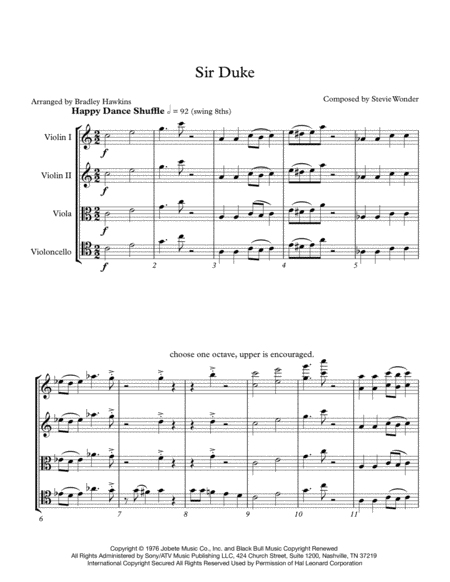 Free Sheet Music Sir Duke In C Major For String Quartet